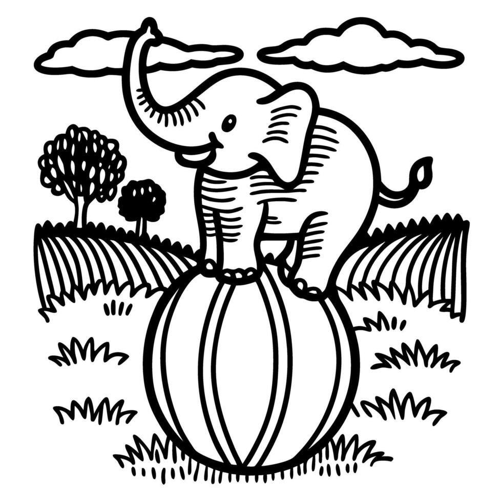 elephant balancing on ball in field landscape black and white line art, playful illustration vector