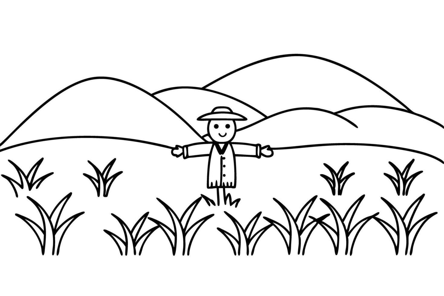 Scarecrow in fields simplistic line art of rural landscape and crop representation vector