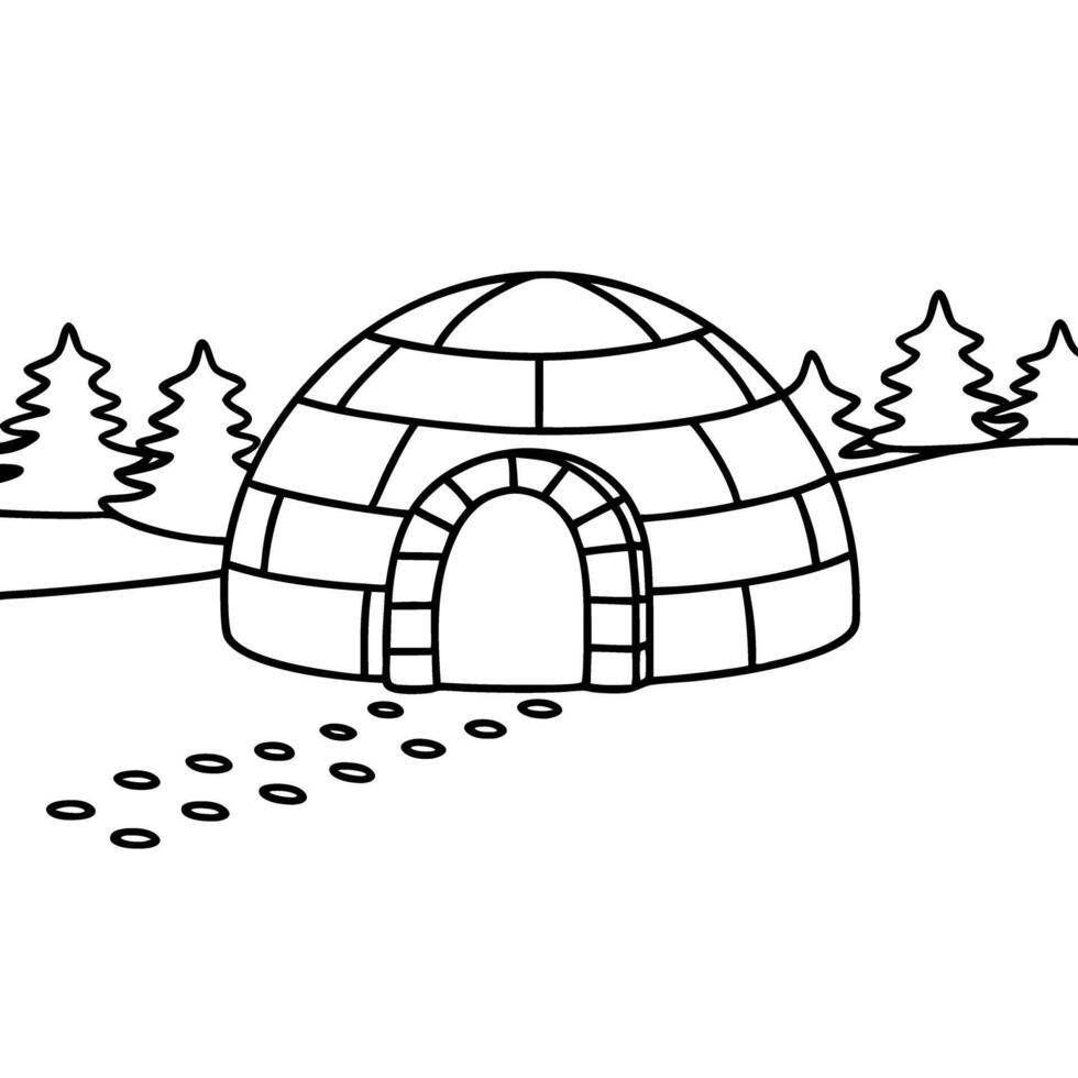 Igloo in snowy landscape with pine trees, simple line drawing for winter or arctic theme vector