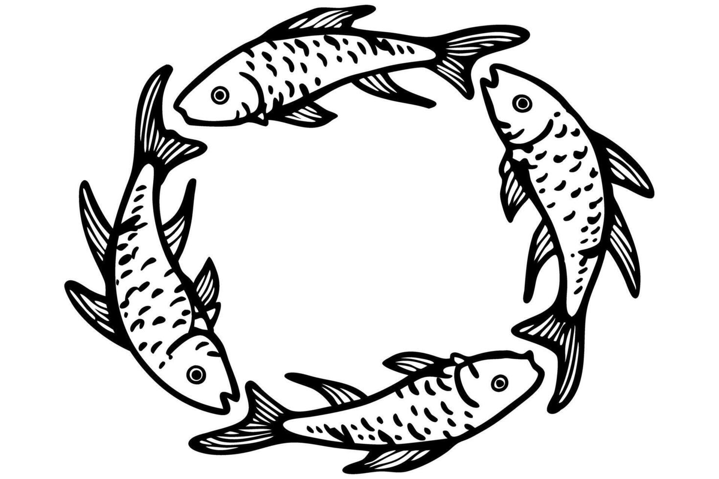 illustration of swimming fish forming a circle stylized aquatic pattern, black and white design vector