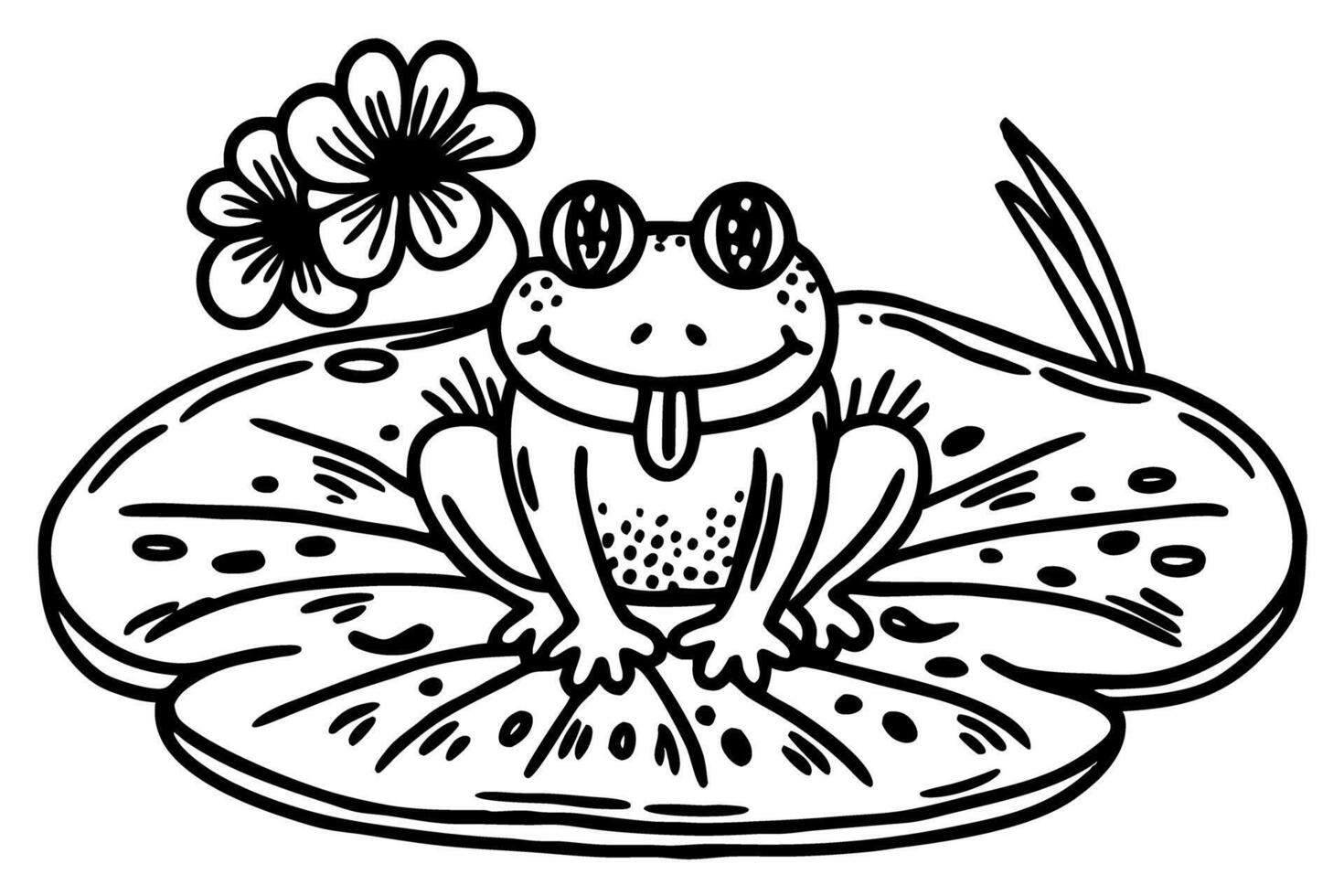 frog on lily pad with flowers, playful nature and whimsical illustration vector