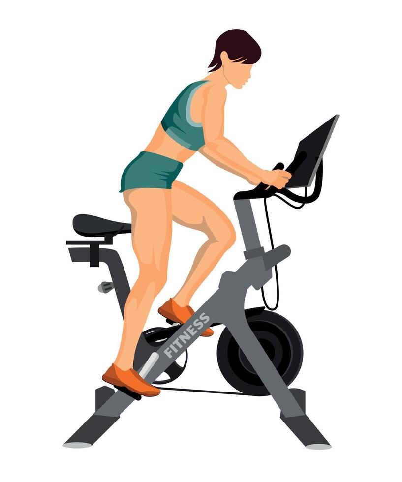 girl exercising on exercise bike isolated on white background vector