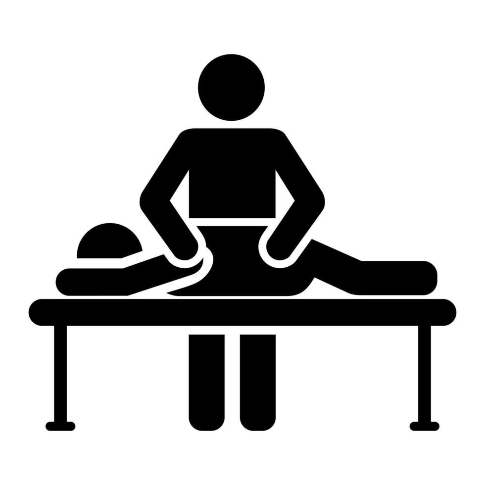 black and white stylized icon of massage therapist isolated on blue background vector