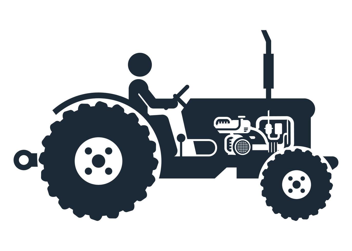 Black and white stylized icon of agricultural tractor isolated on white background vector