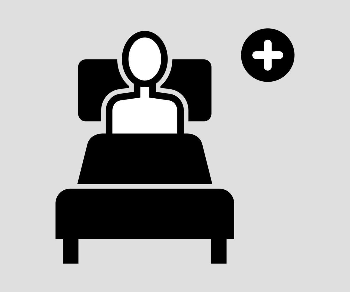 black and white icon of hospital bed with patient isolated on white background vector