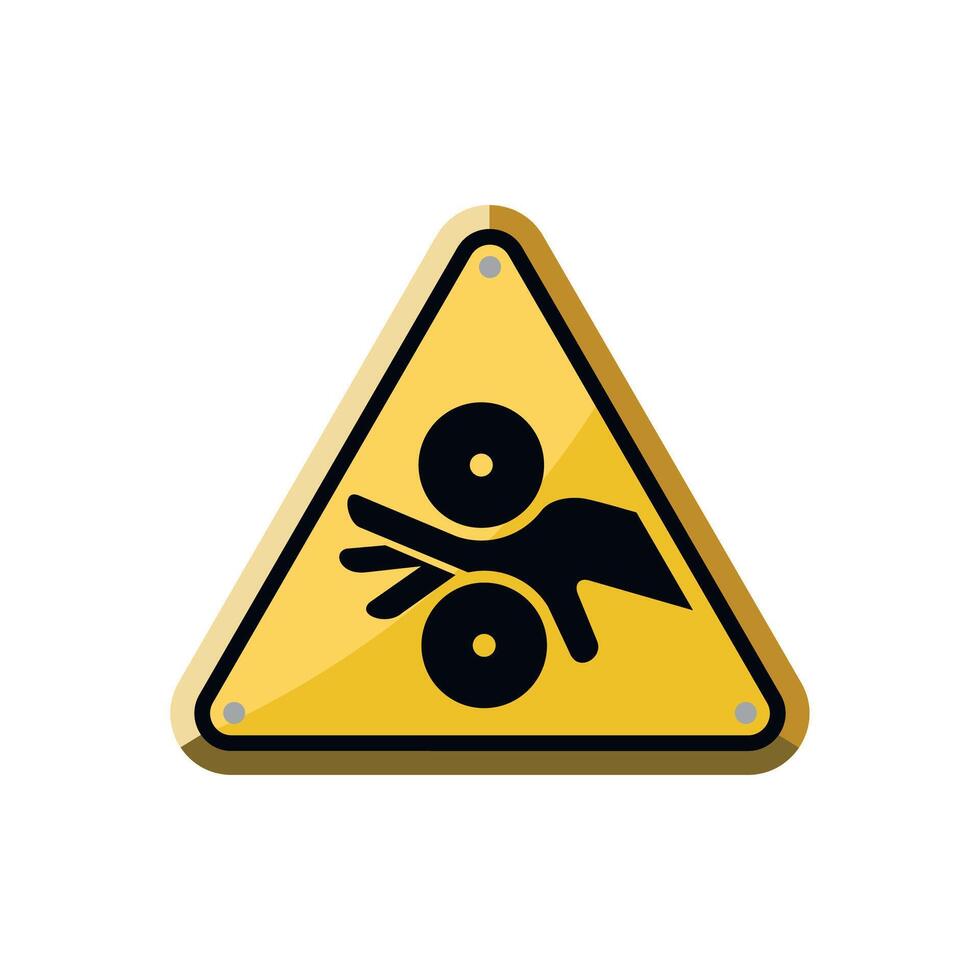 yellow triangular warning sign hand between two rollers on white background vector