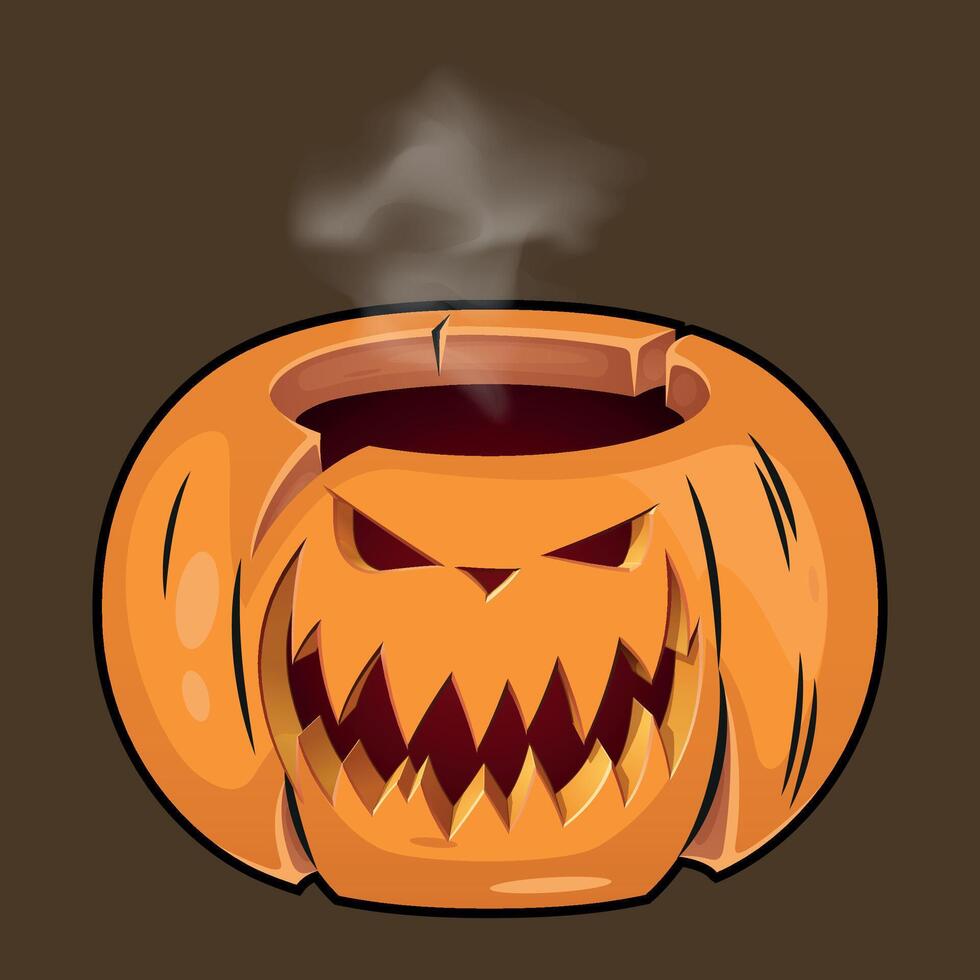 stylized colorful sinister halloween pumpkin with a carved smile from which steam comes out isolated vector