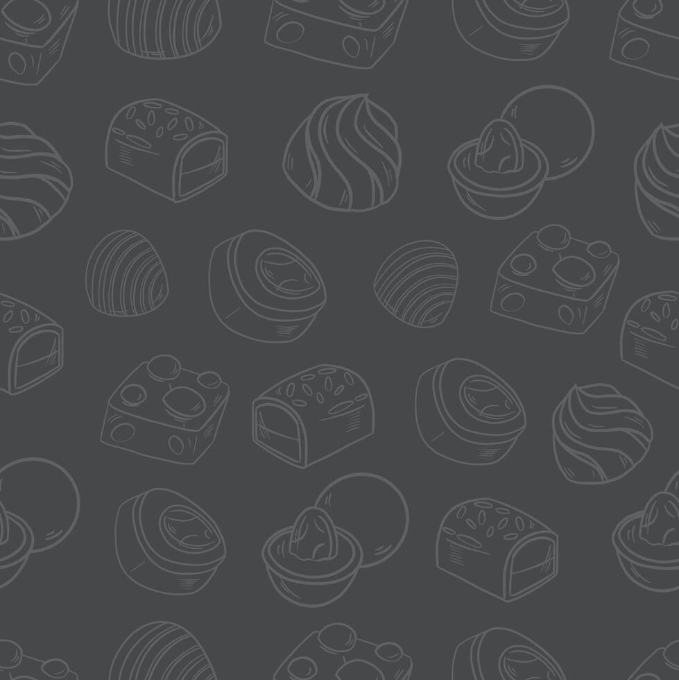 seamless white pattern background of sweets cookies chocolates pastries and cupcakes on a gray background vector