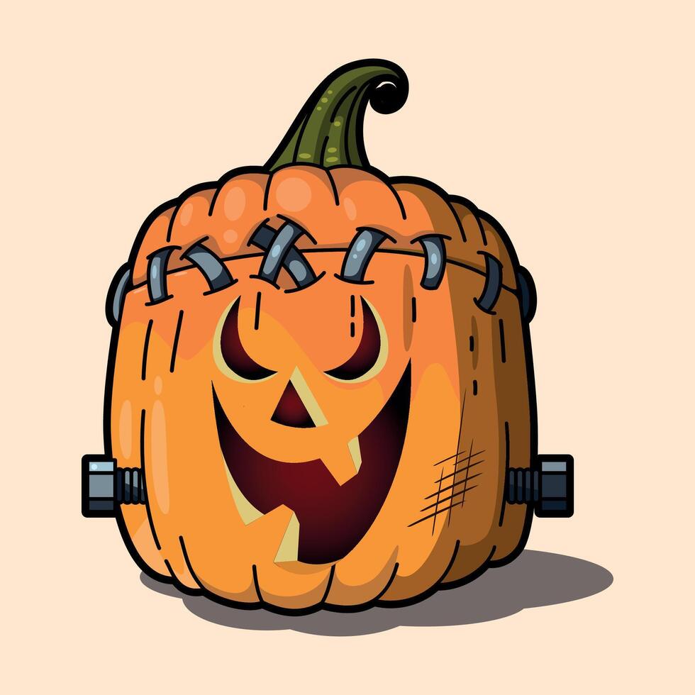 stylized colorful funny halloween pumpkin with smile on warm background vector