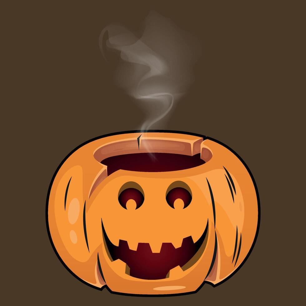 stylized colorful funny pumpkin with a carved smile from which steam comes out isolated on a dark background vector