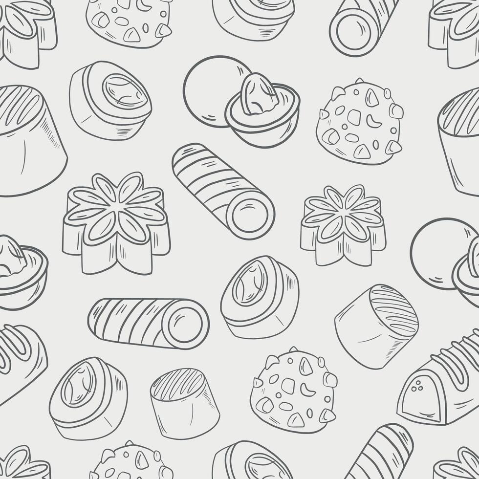 seamless gray pattern background of sweets cookies chocolate candies marmalade pastries and cupcakes on white background vector