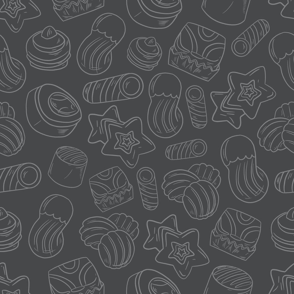 seamless white pattern background of sweets cookies and cupcakes on a gray background vector