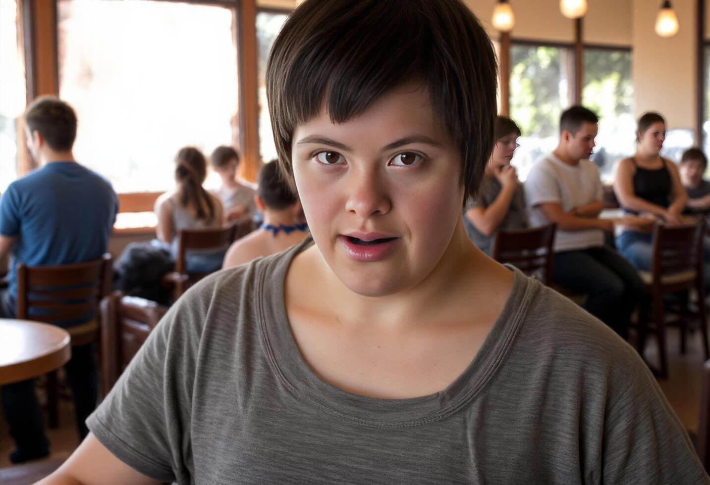 Young Caucasian woman in a cafe, social inclusion, World Down Syndrome Day, everyday life, diversity celebration, Down syndrome, chromosome 21 photo