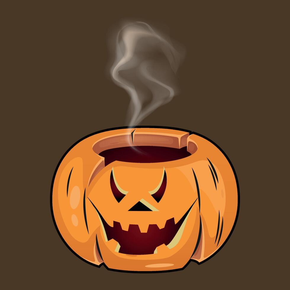 stylized sinister halloween pumpkin with a carved smile from which steam comes out on a dark background vector