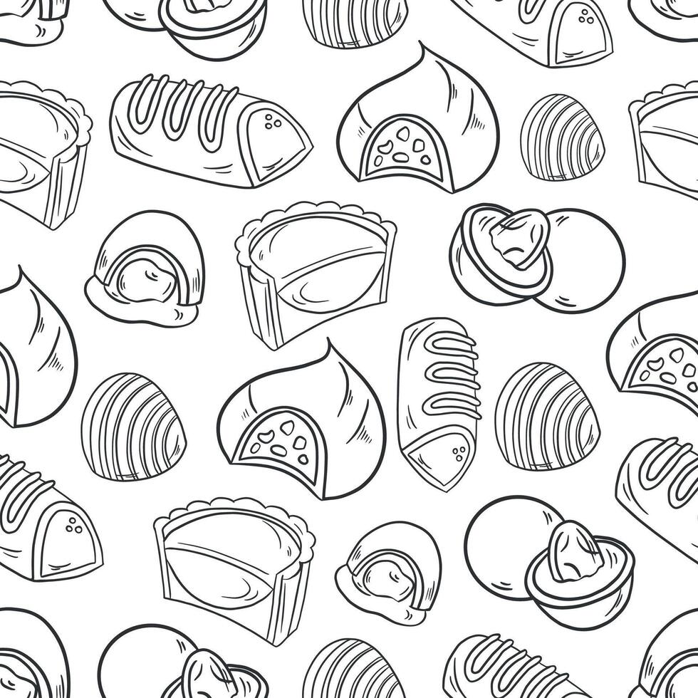 seamless gray pattern background of sweets cookies chocolates pastries and cupcakes on white vector