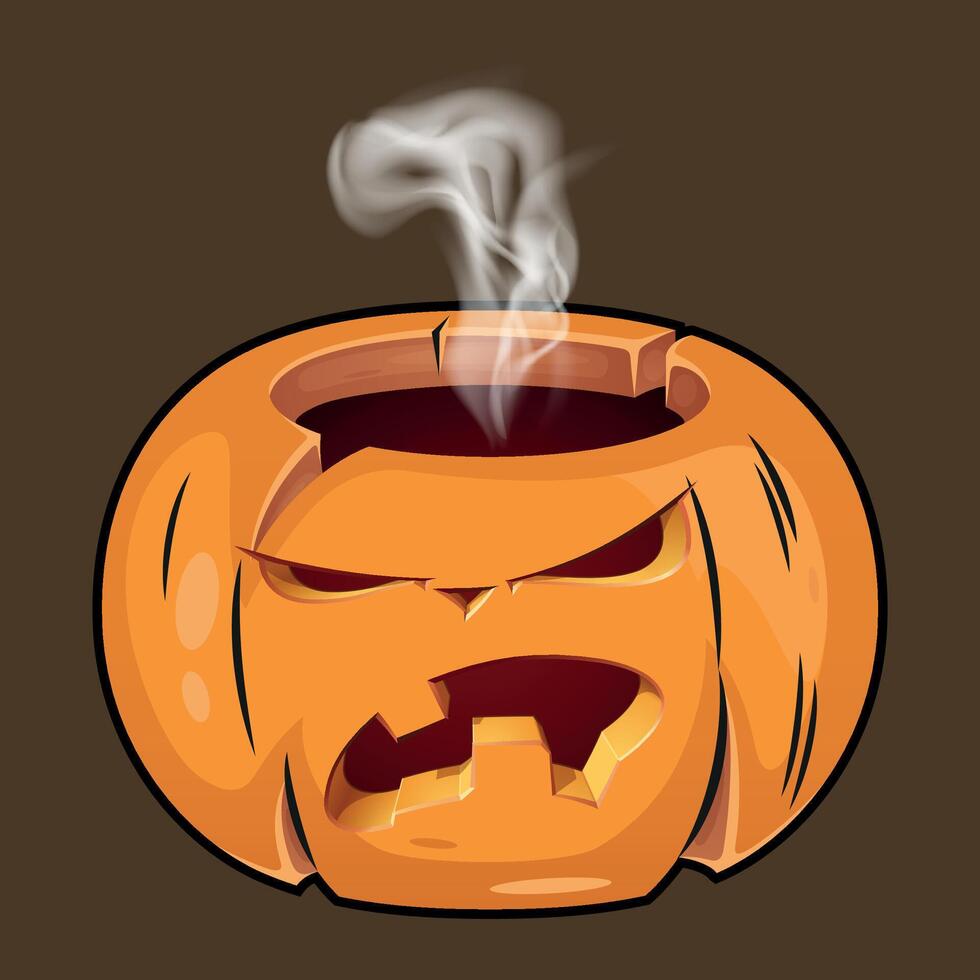 stylized colorful sinister halloween pumpkin with a carved smile from which steam comes out on a dark background vector