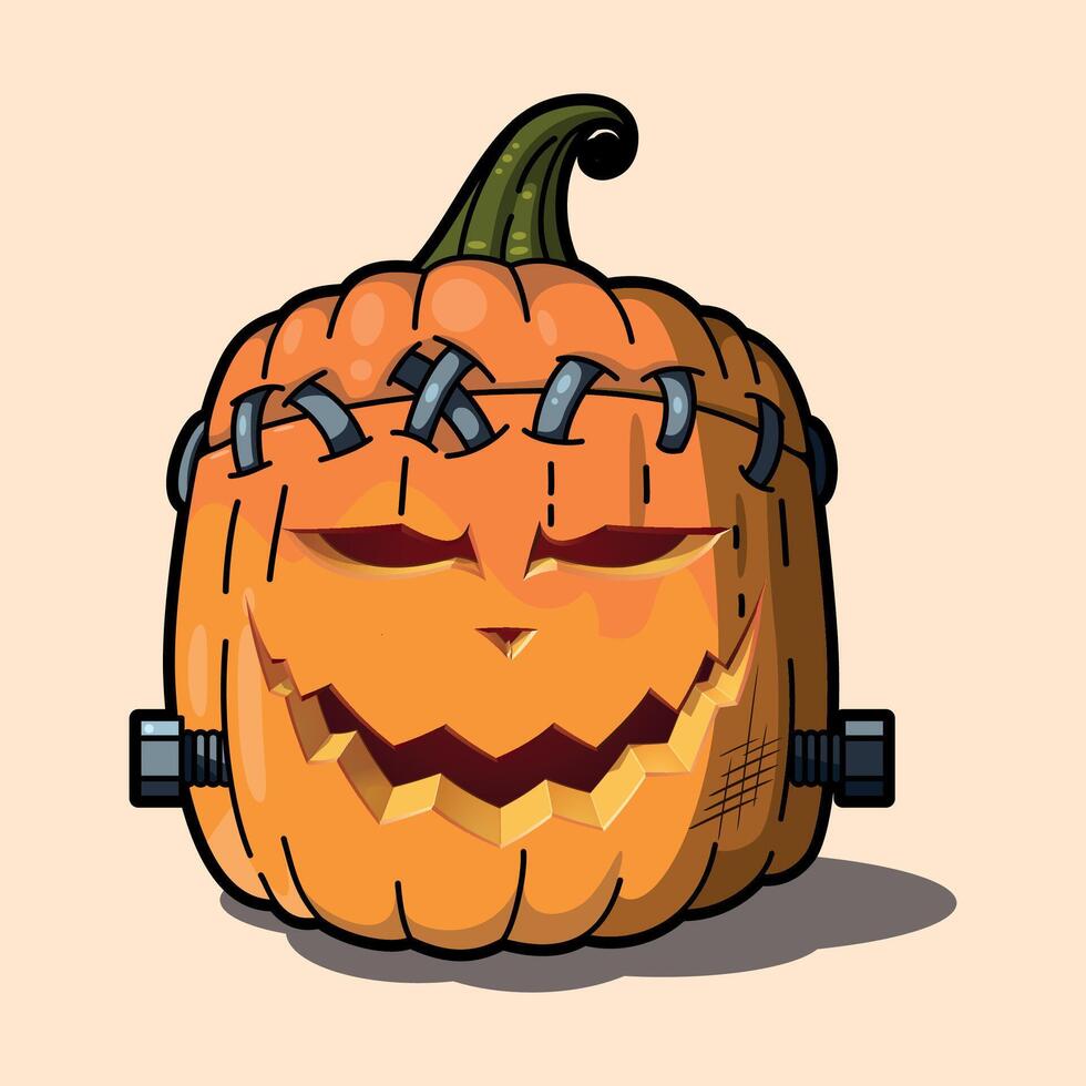 stylized colorful funny halloween pumpkin with carved smile on warm background vector
