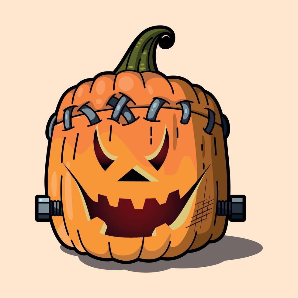 stylized colorful cheerful halloween pumpkin with carved smile and bolts on warm background vector