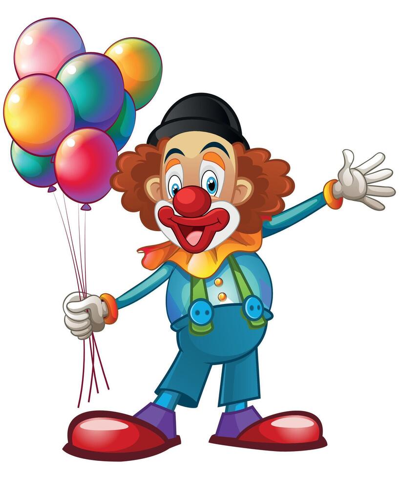 colorful clown in hat and shoes holding balloons isolated on white background vector