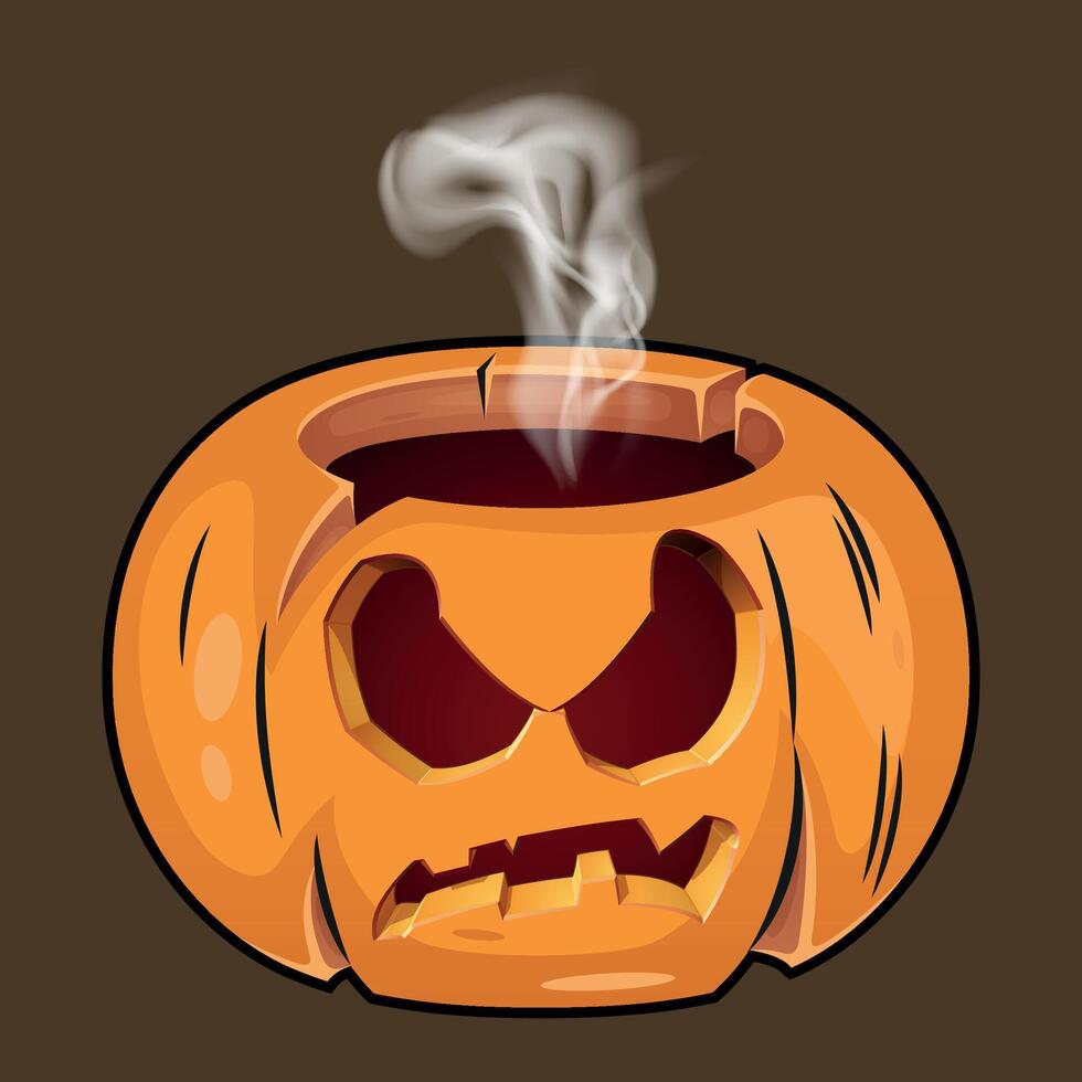stylized colorful sinister halloween pumpkin with a carved smile from which steam comes out isolated on a dark background vector