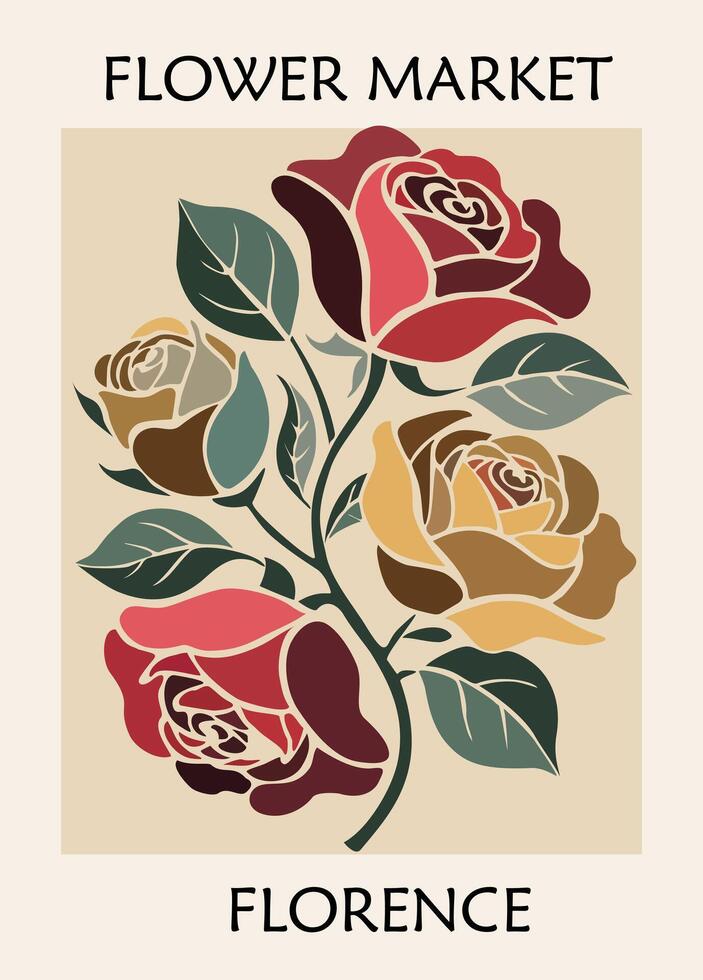 Flower Market Florence retro poster with roses vector