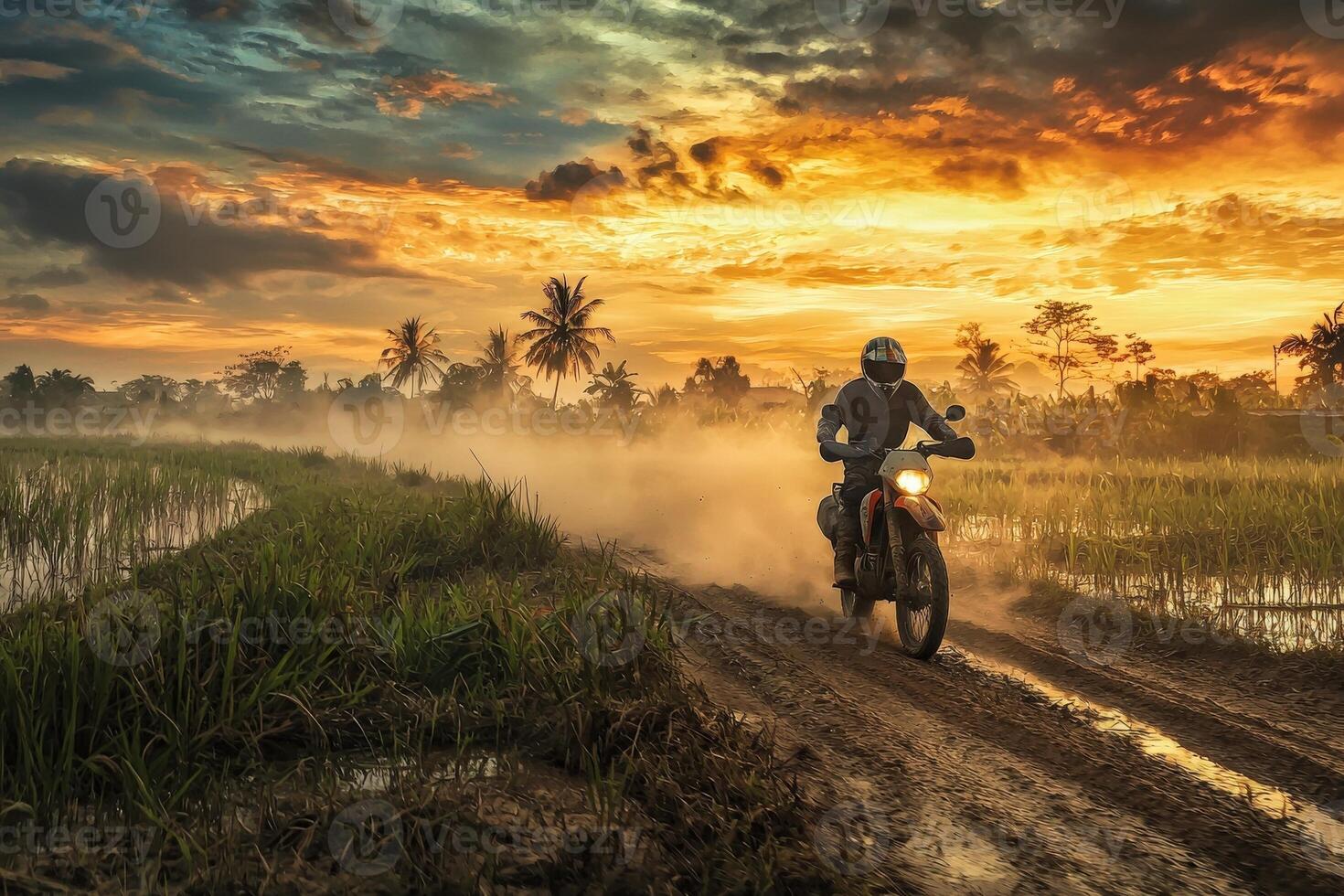 A motorcyclist navigates through muddy paths in rice fields during sunset. The vibrant sky casts dramatic colors, enhancing the adventurous atmosphere of the scene. Dust rises from the bikes tires. photo