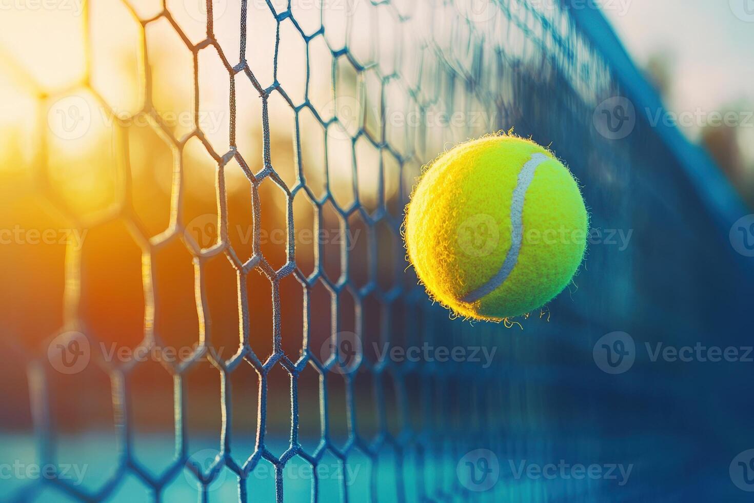 A bright yellow tennis ball hovers close to the blue net as the sun sets, casting warm light on the court. The tranquil moment captures the essence of evening play. photo