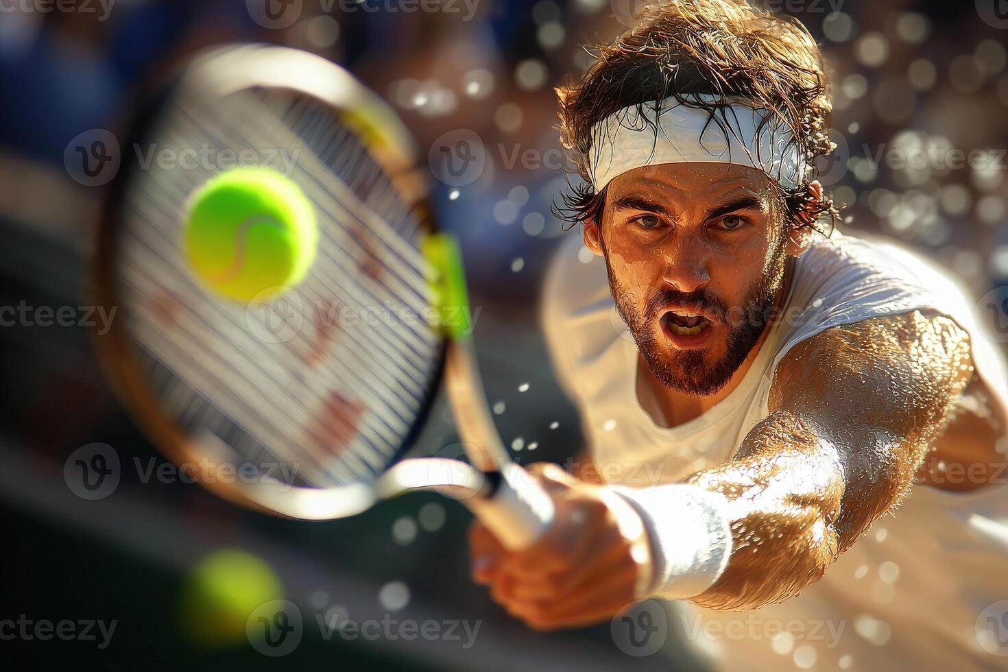 A focused athlete in a white shirt and headband lunges toward a tennis ball during a match on a sunlit court. The energy of the crowd enhances the exhilarating atmosphere of the game. photo