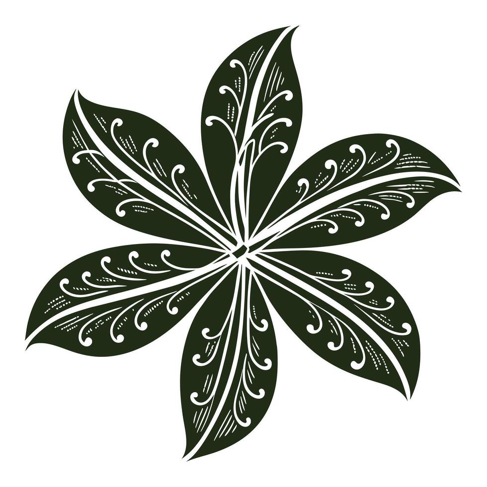 A black and white drawing of a flower with a large center vector