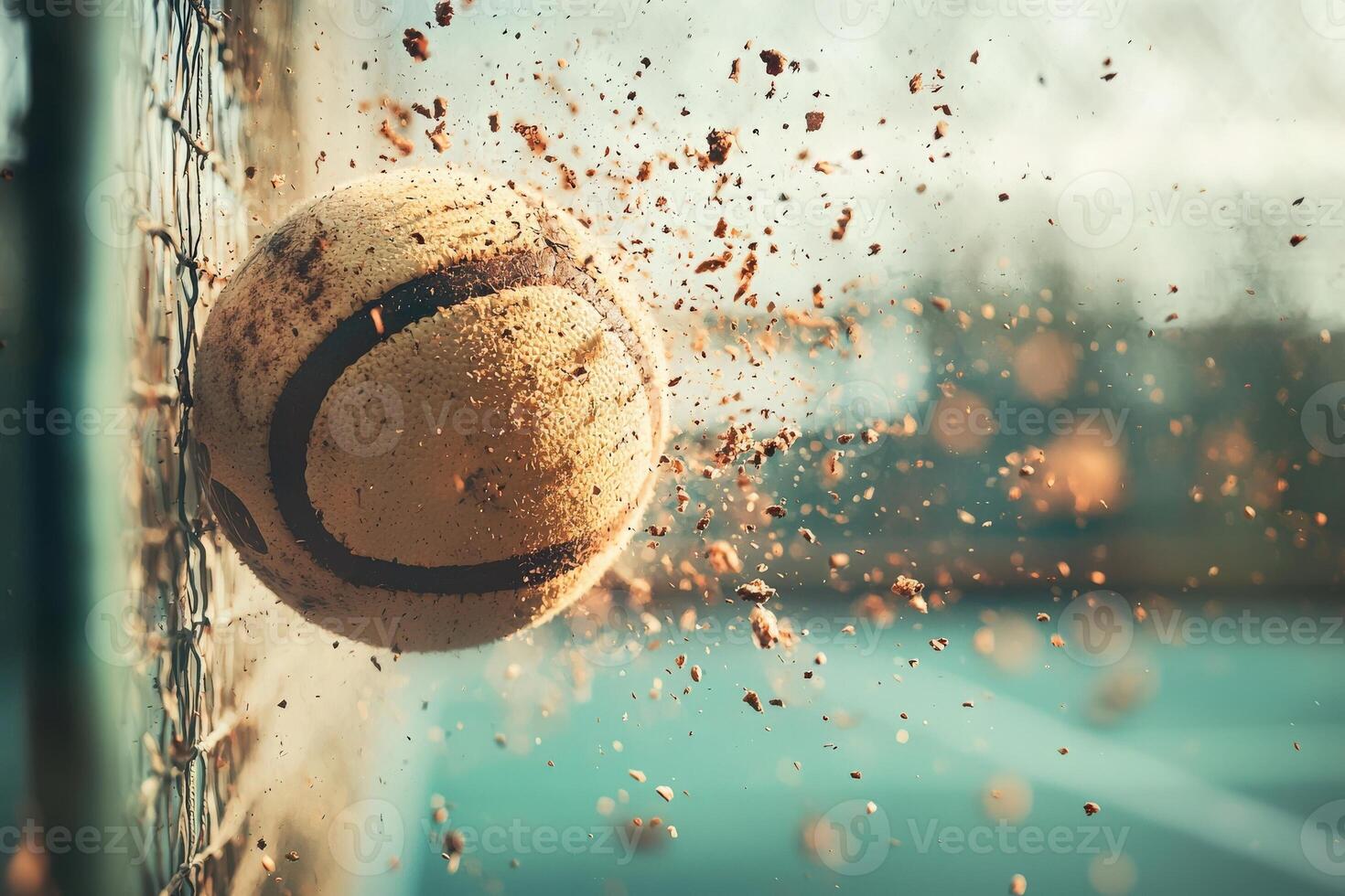 A yellow sports ball collides with a fence, sending dust and debris flying into the air. The setting is an outdoor sports facility with a blurred background reflecting late afternoon lighting. photo