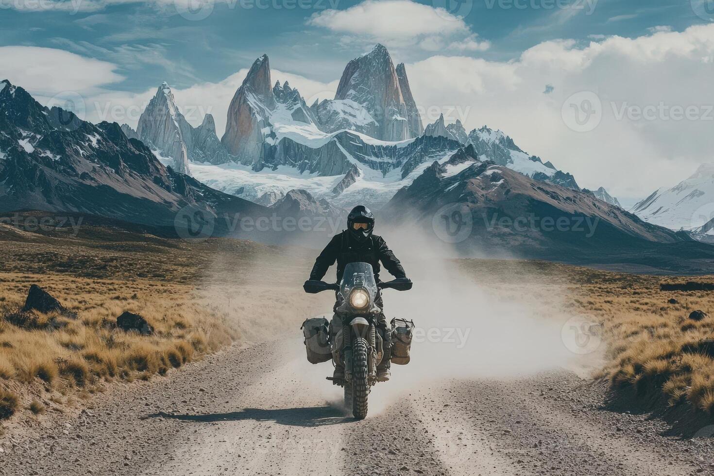 A motorcyclist rides through a dusty road surrounded by stunning mountain peaks and open terrain. The clear sky adds to the sense of adventure in this remote location. photo