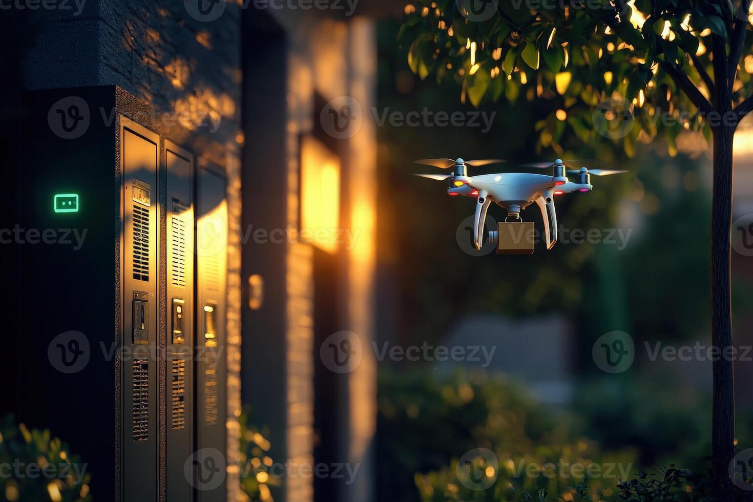 A drone hovers above a modern building with green foliage nearby. The sun sets in the background, casting a warm glow. The drone prepares to deliver a package to its destination. photo