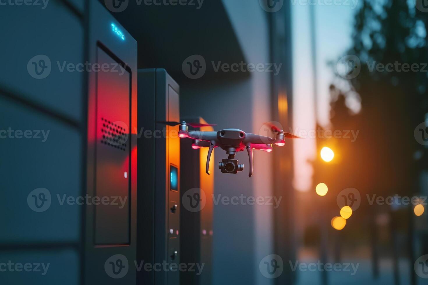 A drone hovers near a building entrance, illuminated by soft glows of surrounding lights. The setting sun casts a warm hue, adding to the modern urban atmosphere. photo