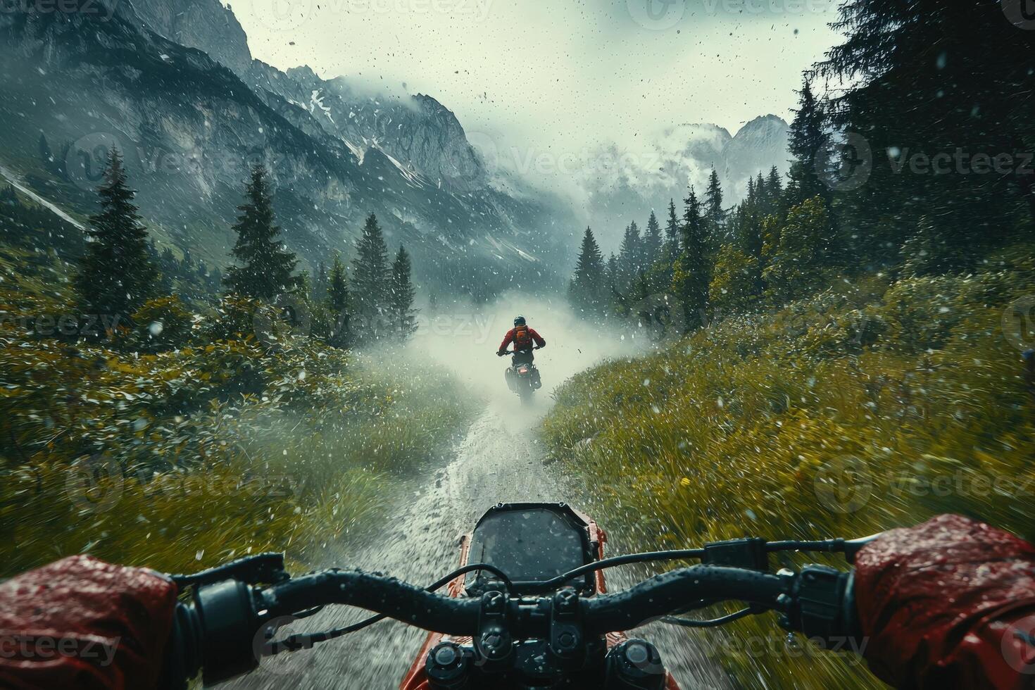 Two riders navigate a muddy trail in a mountainous landscape under rainy clouds. The atmosphere is filled with mist, enhancing the adventure of the challenging terrain. photo