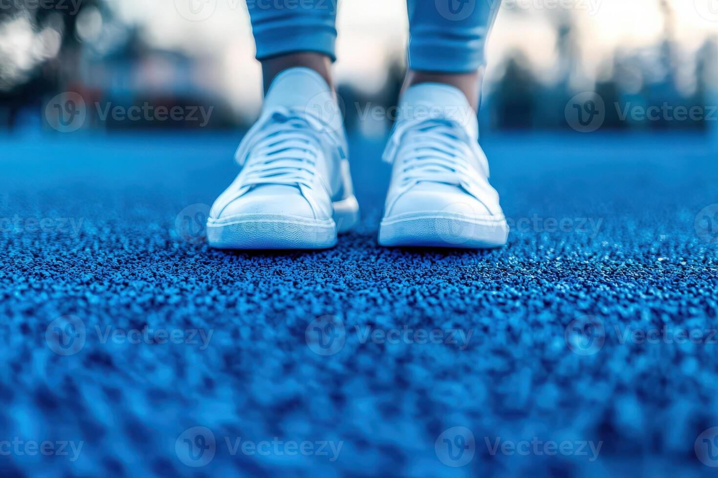 A person stands on a striking blue athletic track, wearing white sneakers. The vibrant color contrasts with the soft lighting of sunset, creating a serene and energetic atmosphere. photo
