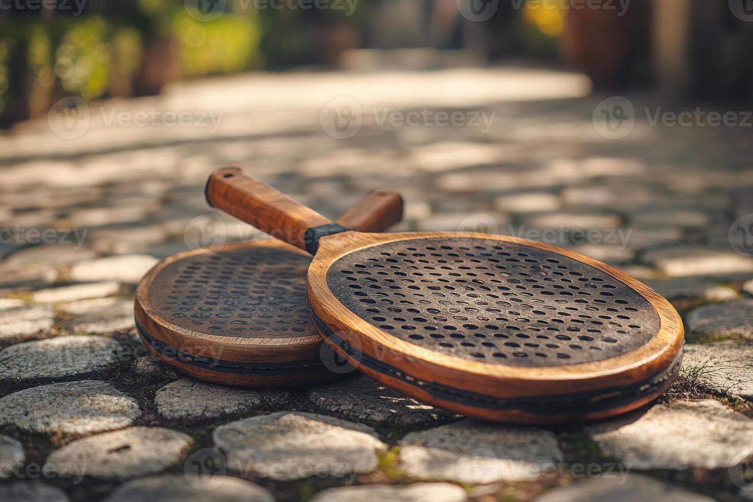 Two wooden paddles with perforated surfaces rest on a cobblestone path, surrounded by greenery in a sunny garden. The scene captures a tranquil outdoor atmosphere with warm tones. photo