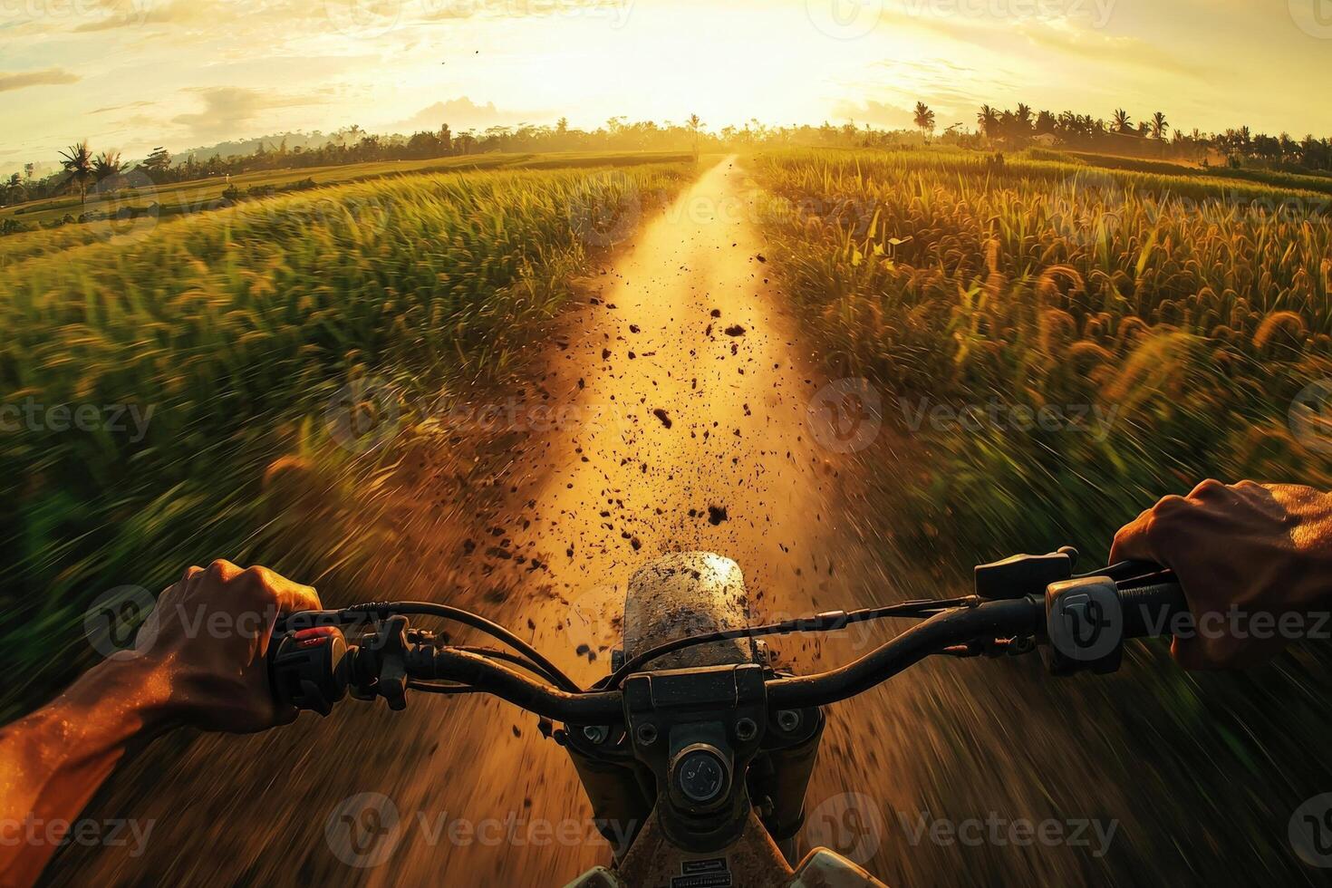 Two hands grip the dirt bike handlebars while speeding along a dirt path surrounded by green fields at sunset. Dust rises as the sun sets, creating a golden glow across the landscape. photo