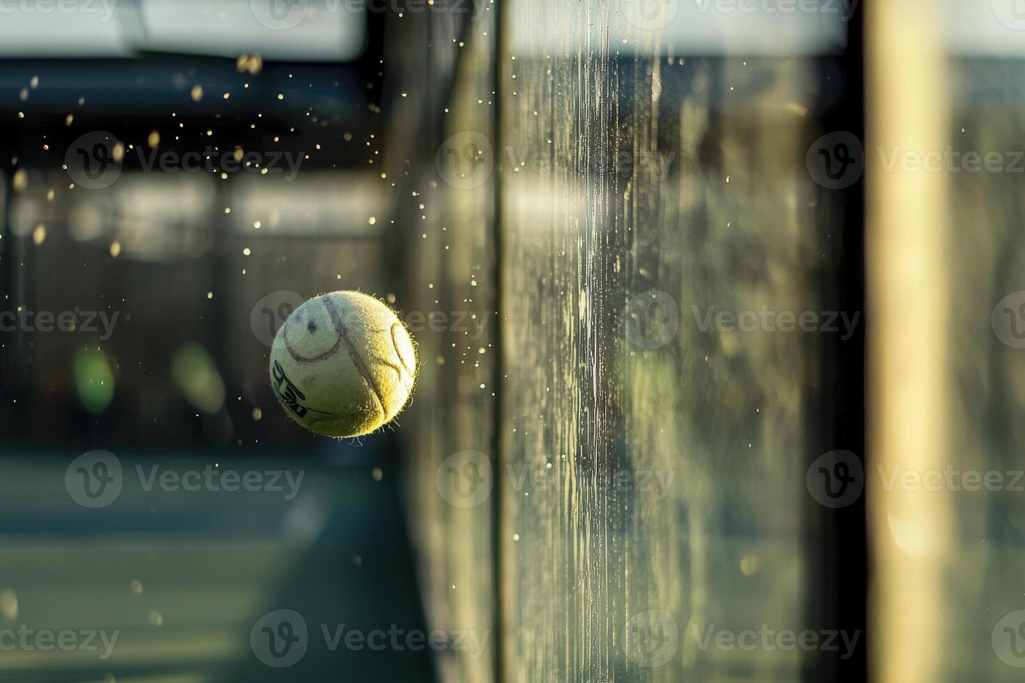 A tennis ball is captured mid-flight as it strikes a glass wall, sending droplets of water or dust into the air. The warm glow of sunset creates a striking background, illuminating the scene. photo