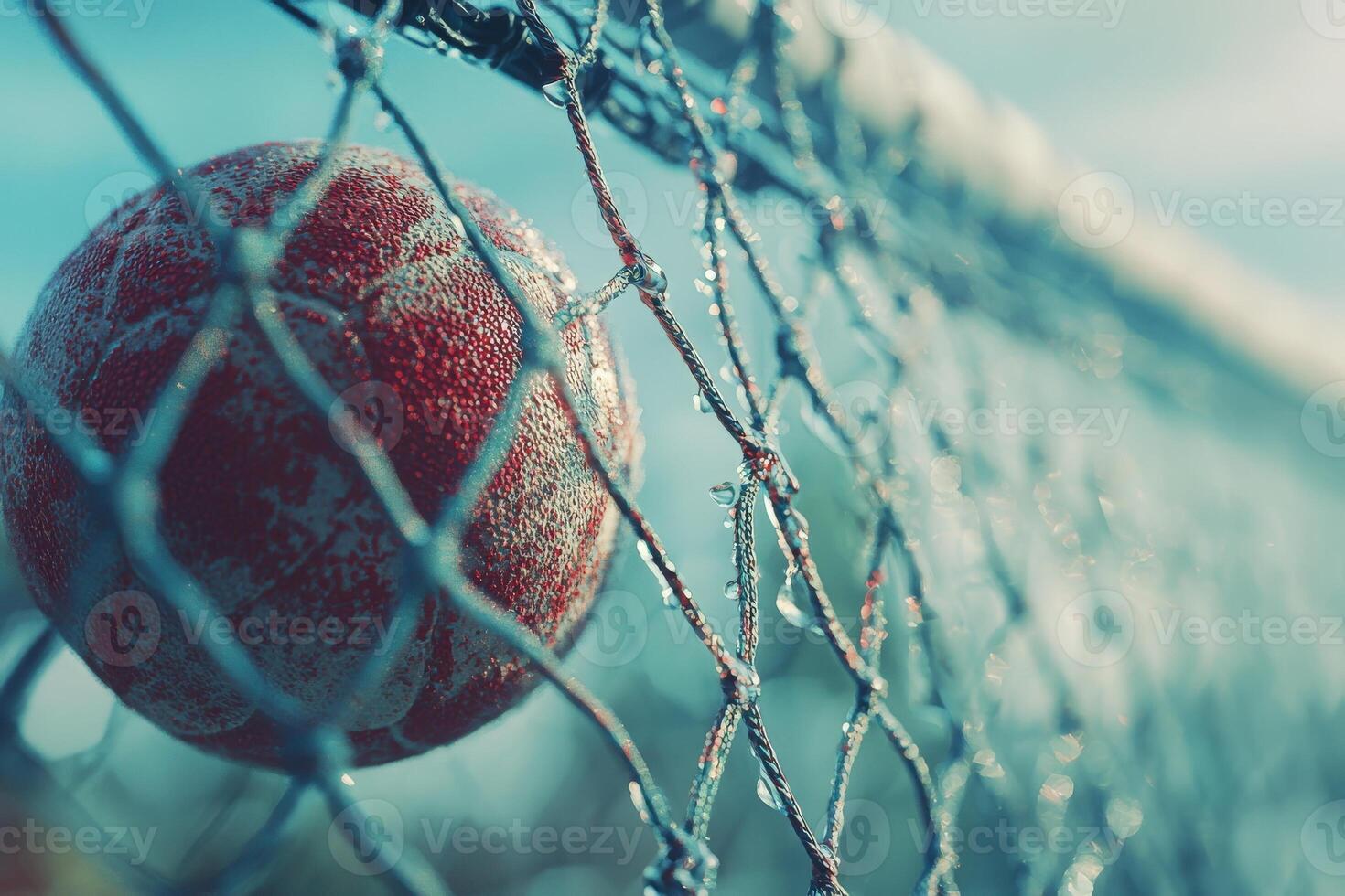 A close-up view of a red ball partially stuck in a goal net, glistening with droplets of water. The background features a clear blue sky with soft clouds, indicating a bright day. photo