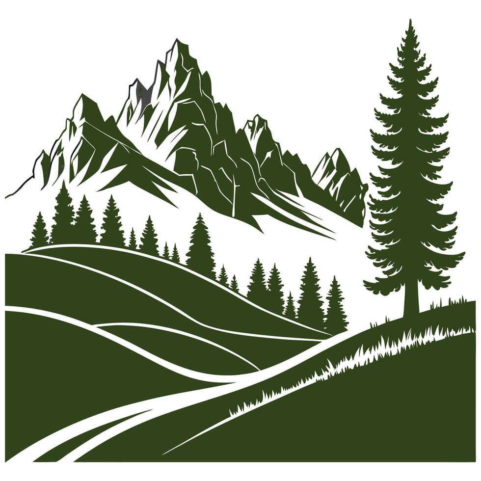 Hand drawn nature illustration with mountains and forest on first view vector