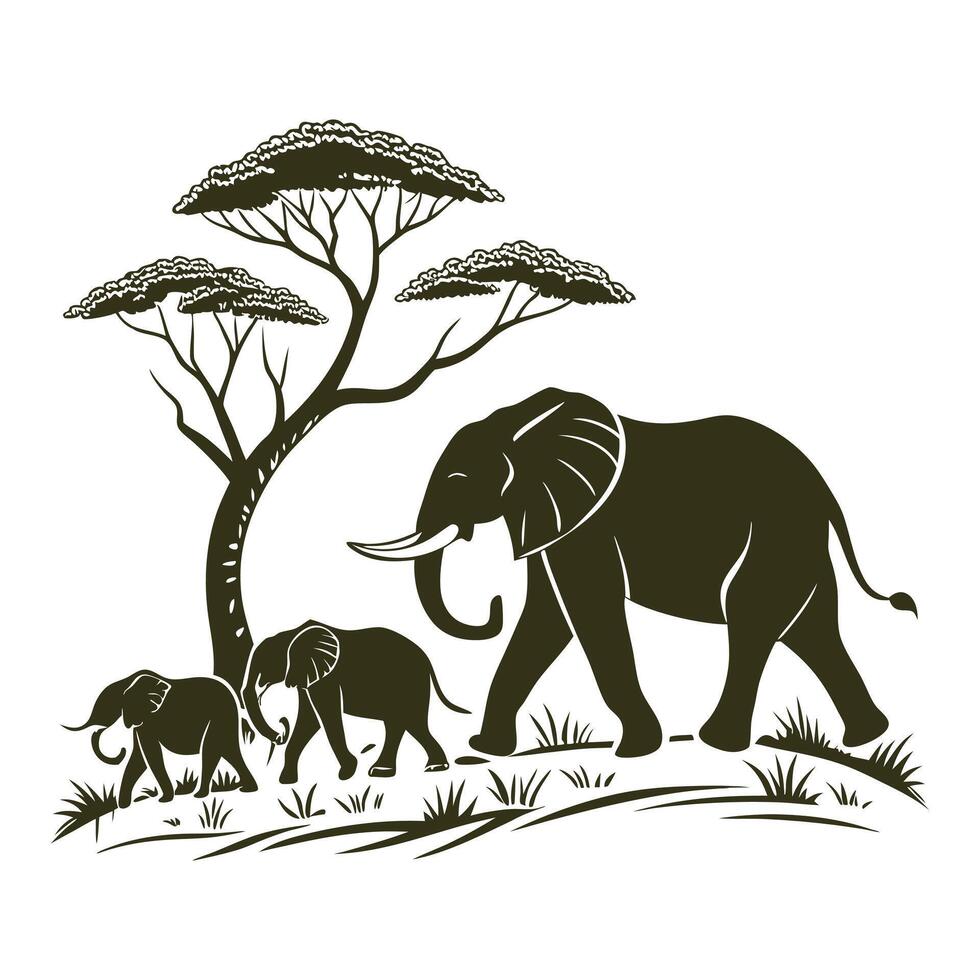 three elephants depicted in silhouette are posit vector