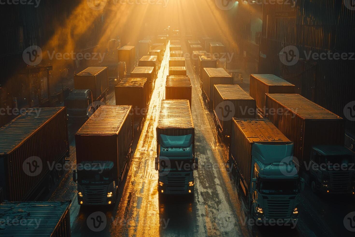 Numerous trucks are arranged in a freight yard, basking in the warmth of the sunrise. The golden light reflects off the wet ground, enhancing the busy environment of cargo transportation. photo