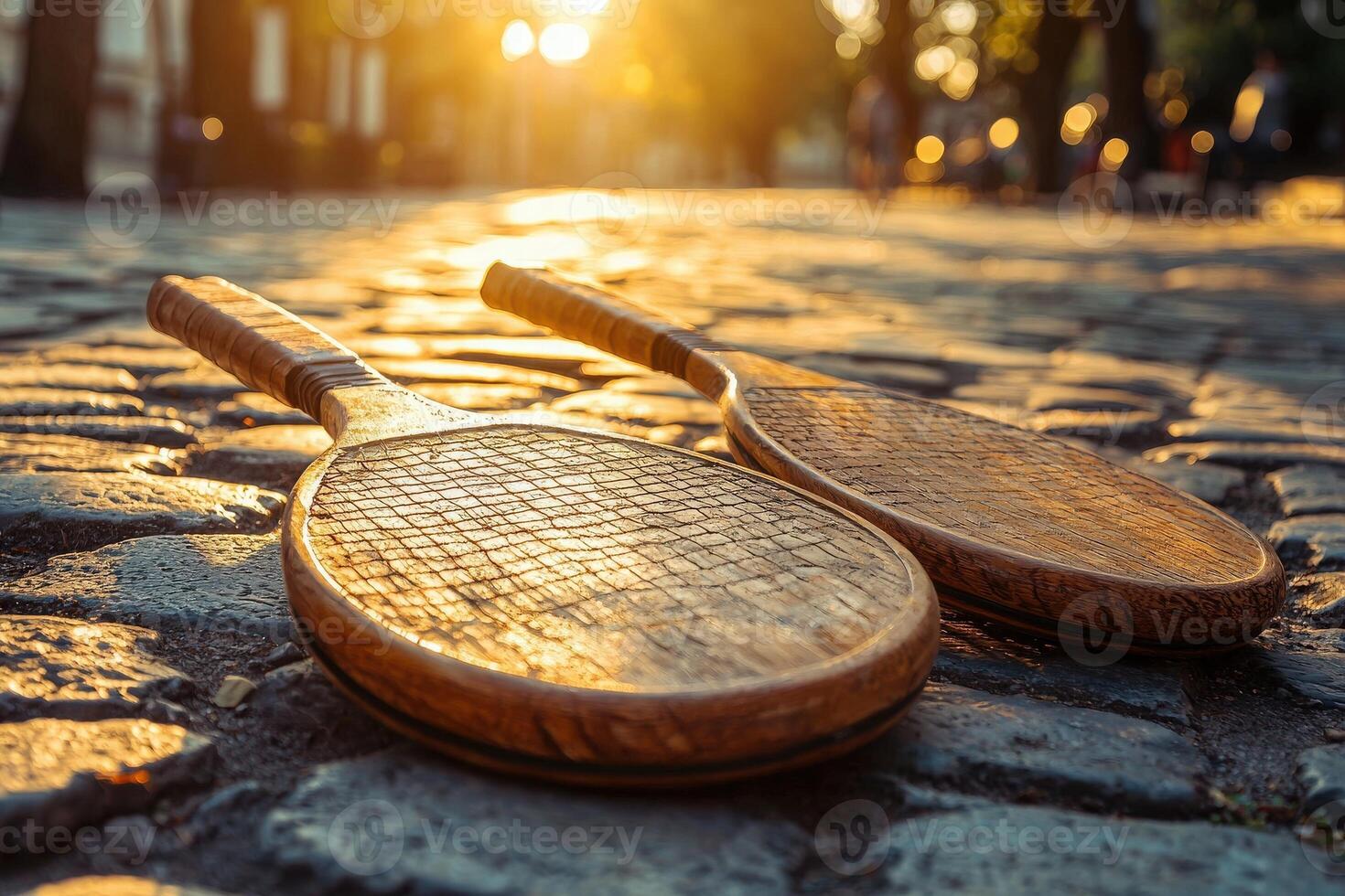 Two wooden rackets lie side by side on cobblestone pavement as the sun sets, casting a warm glow over the scene. The peaceful urban environment enhances the tranquil atmosphere. photo