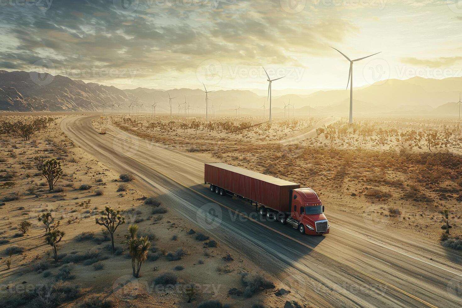 A large red truck navigates a winding dirt road in a desert area, surrounded by wind turbines and scenic mountains during sunset. The atmosphere is calm and serene, showcasing natures beauty. photo