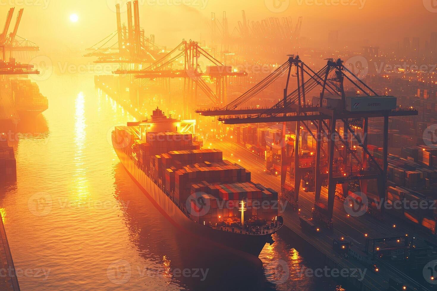 A large cargo ship is anchored at a busy shipping port during sunset. photo