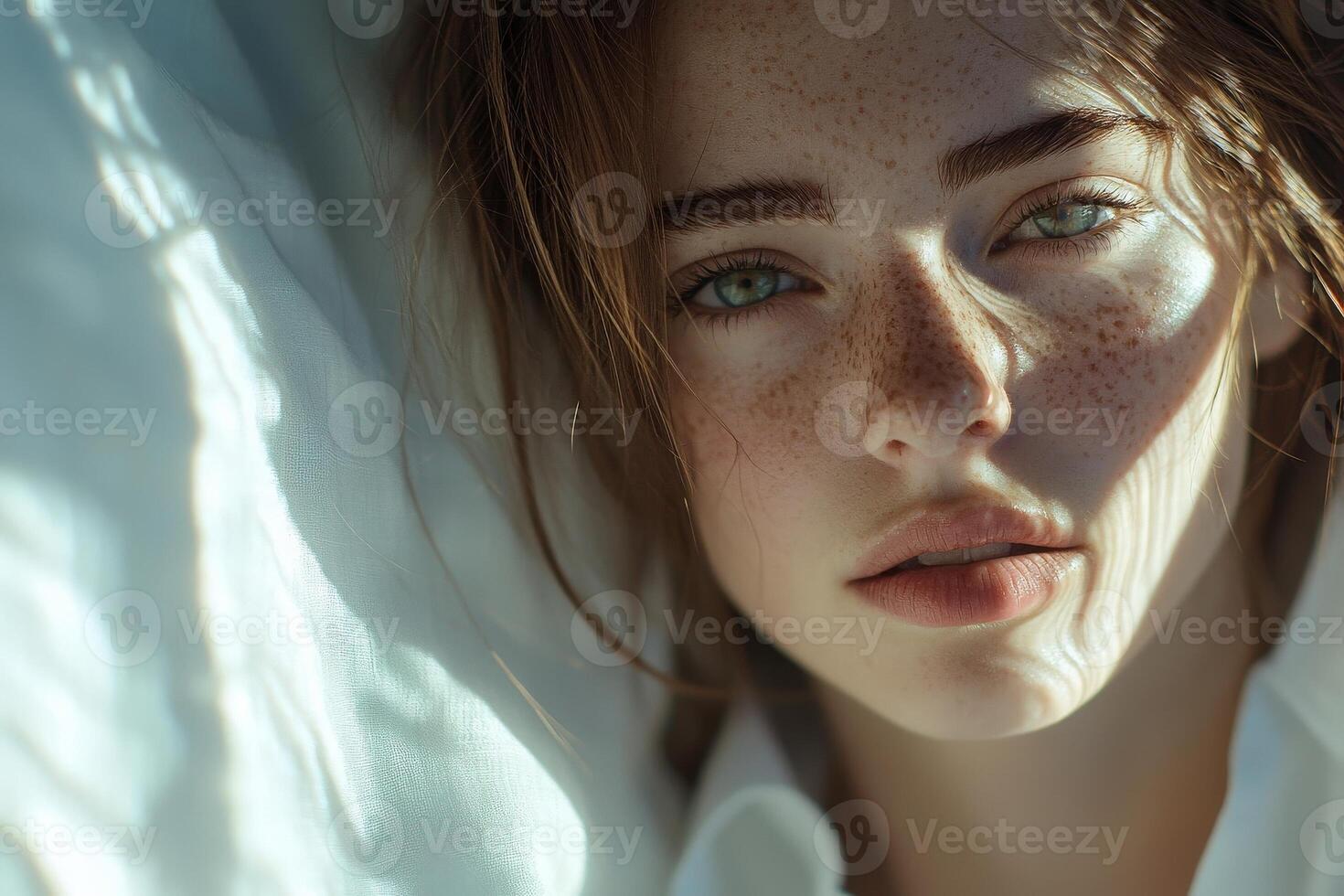 A young woman with striking freckles gazes softly at the viewer, illuminated by gentle light filtering through fabric. Her serene expression highlights her natural beauty and poise. photo