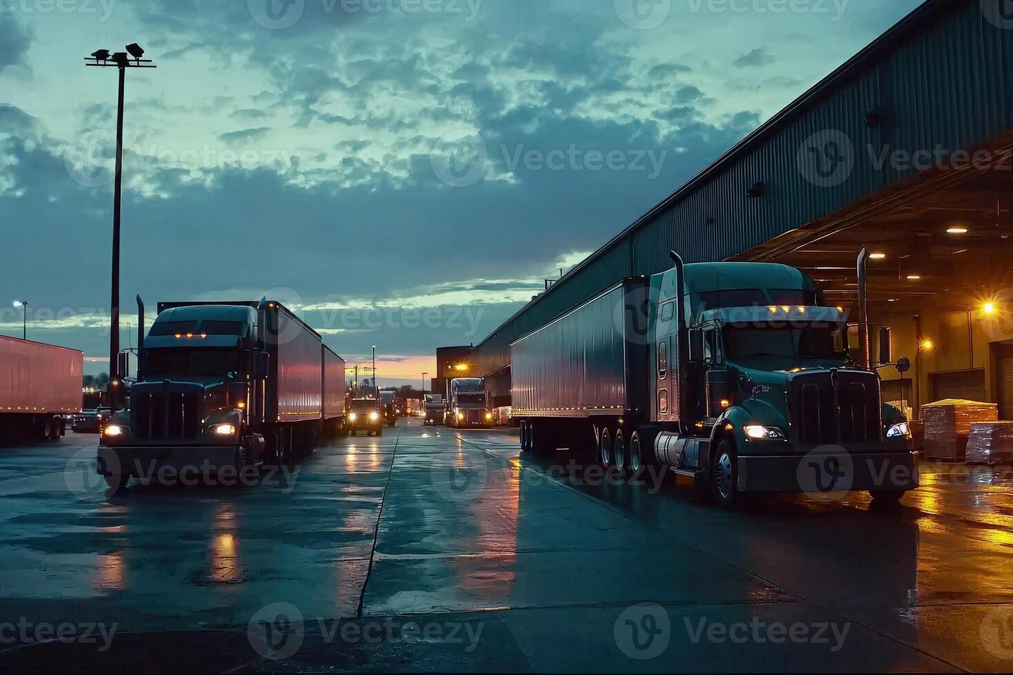 Several large trucks are parked and in motion within a busy logistics hub at dusk. The sky is cloudy, and the scene is illuminated by overhead lights reflecting off wet pavement. photo