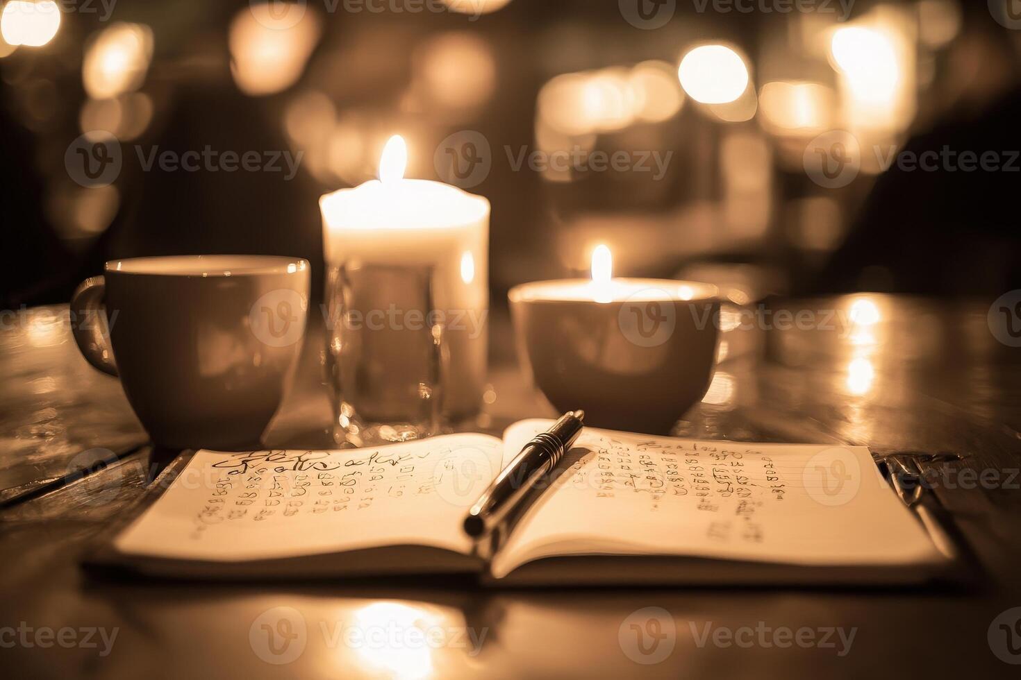 Candlelight illuminates a workspace featuring two coffee cups placed beside an open notebook. Handwritten notes are visible, creating a warm and inviting atmosphere during evening hours. photo