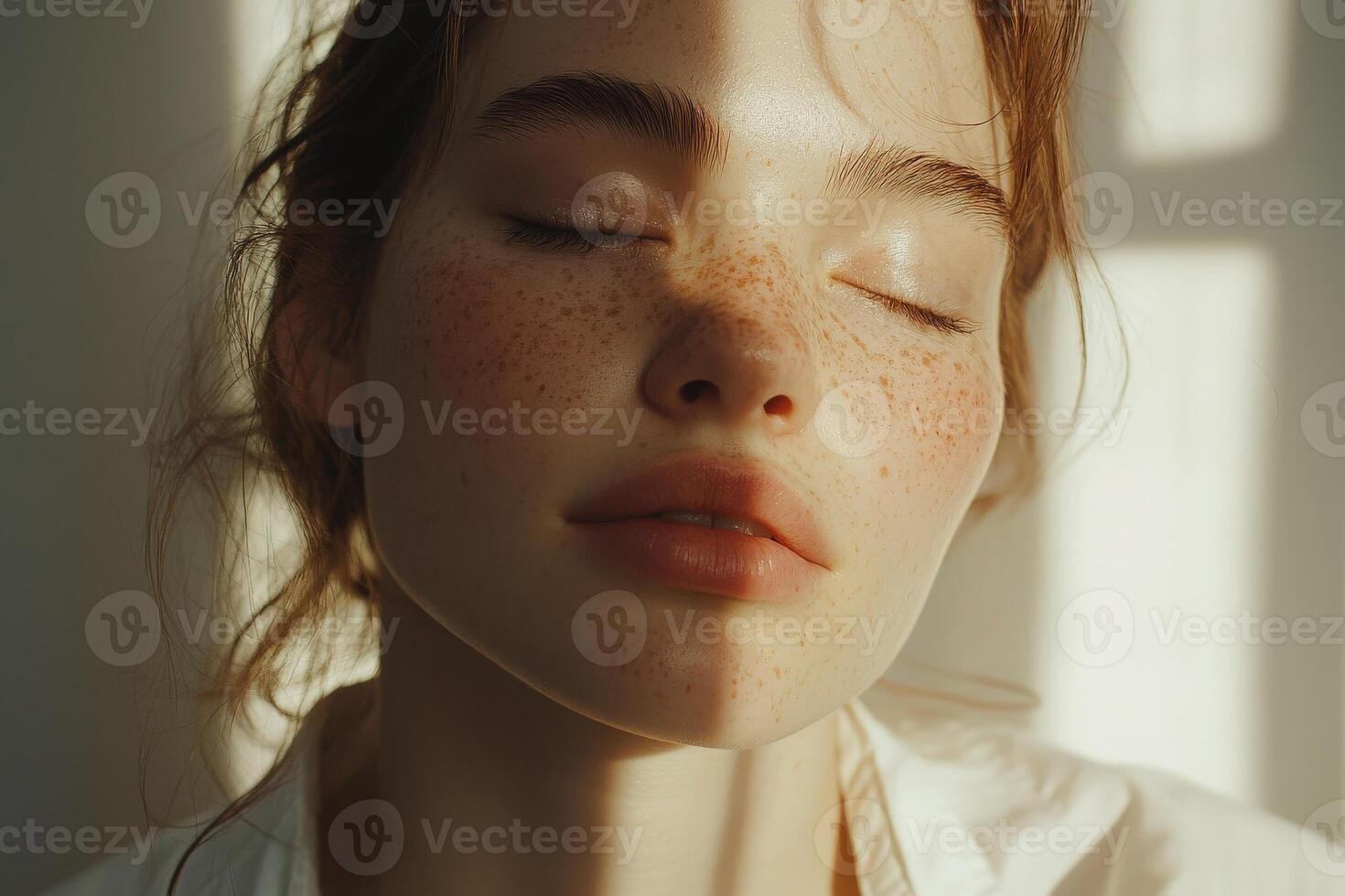 A young woman with striking freckles and a relaxed expression enjoys warm sunlight filtering through a window. Her peaceful demeanor captures a moment of tranquility and beauty. photo