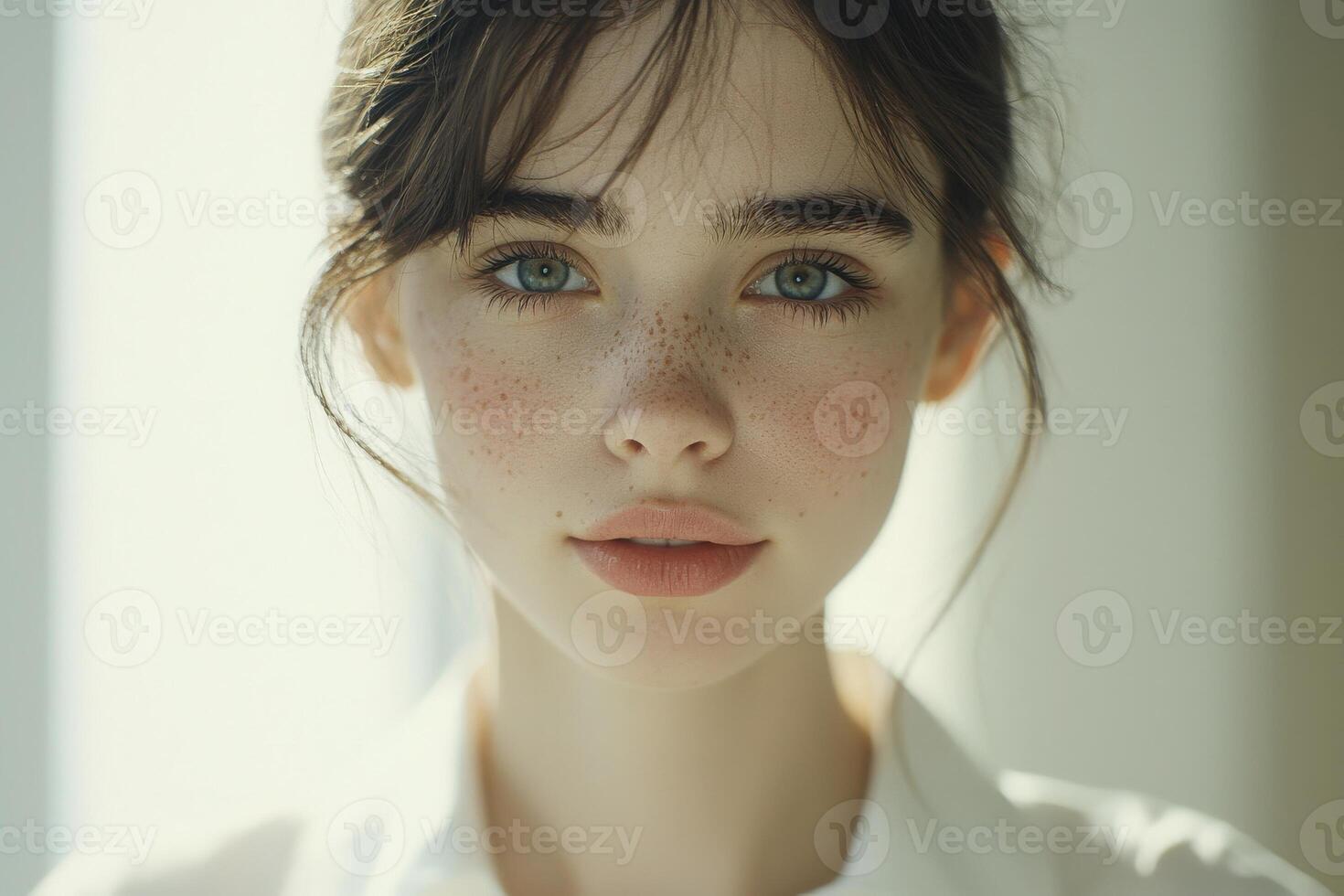 A young woman with striking green eyes and freckles gazes directly at the viewer. Soft natural light illuminates her face, creating a serene atmosphere. photo